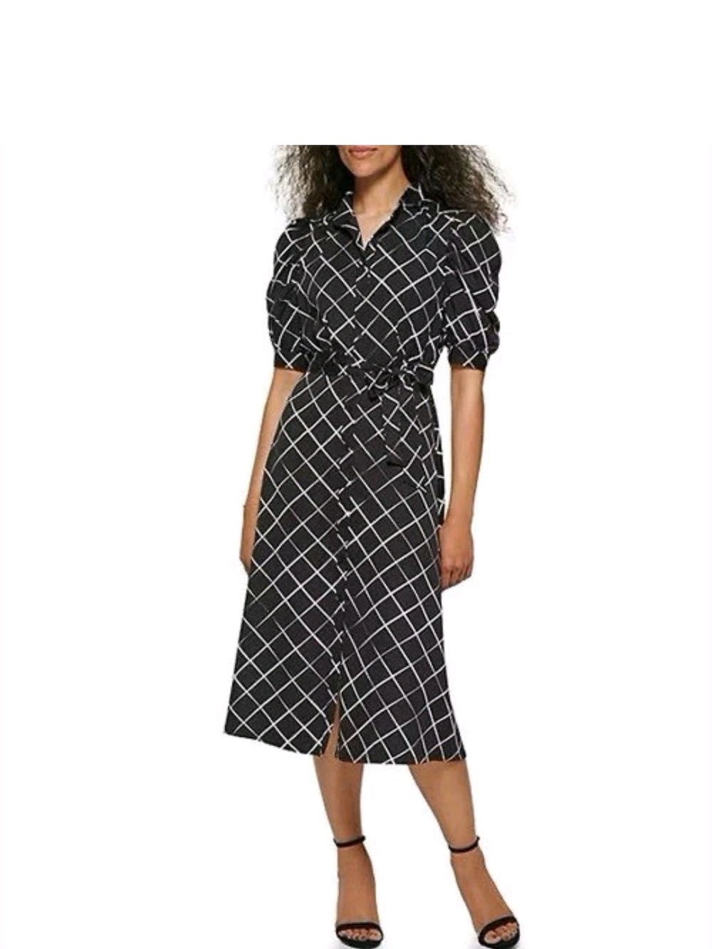 DKNY Black and White Windowpane Midi Shirt Dress with Tie Waist